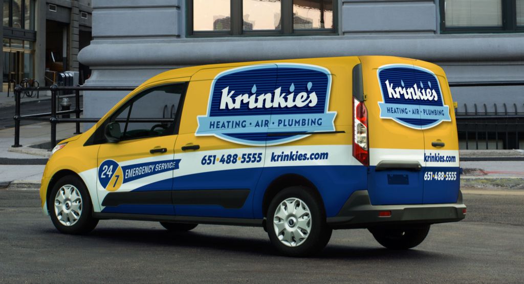 Krinkie’s yellow and blue service van with the Krinkie’s logo, 651-488-5555 and 24/7 Emergency Service
