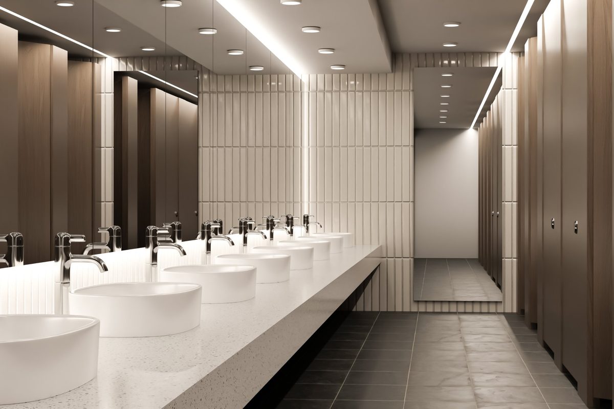 Row of white vessel sinks with chrome faucets along a long bathroom counter