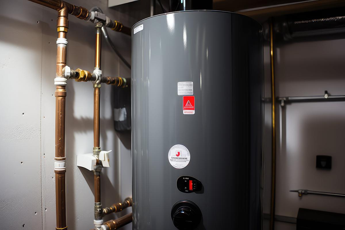 Tank water heater with copper piping in a utility room