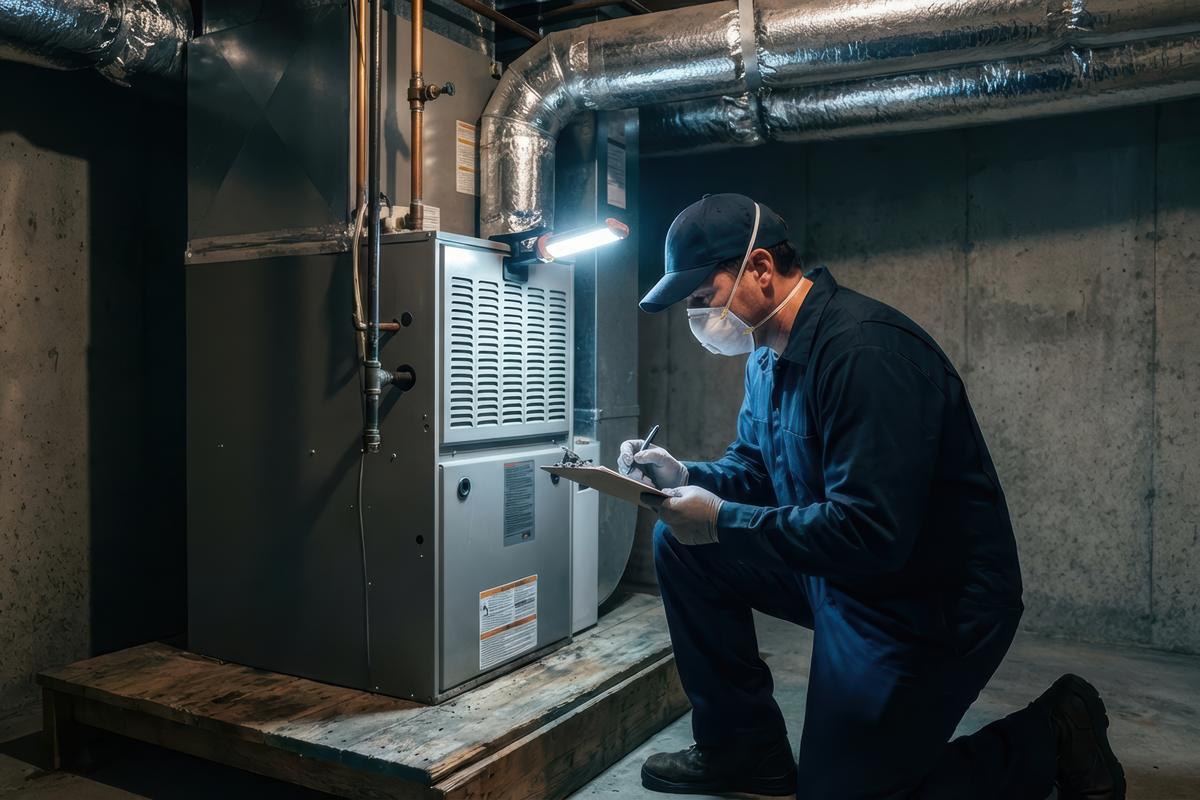 Technician kneeling beside a furnace in a basement mechanical room
