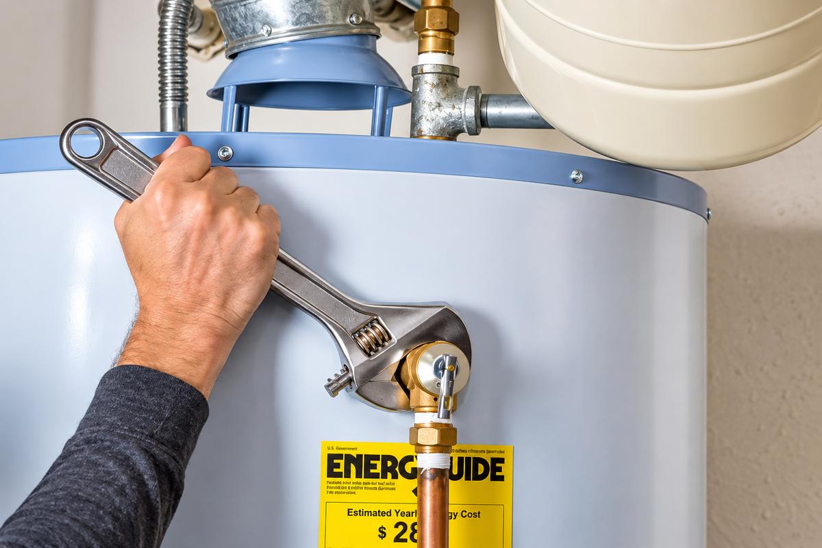 Wrench tightening a fitting on top of a tank water heater