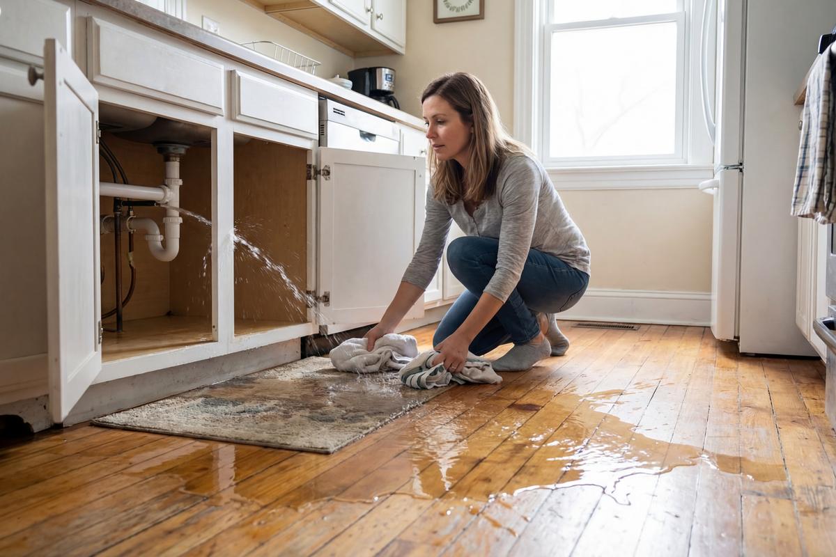 Homeowner wiping up a water leak on a kitchen floor